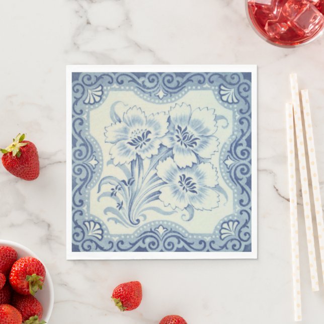 Servilleta De Papel Floral azul y blanca victoriana mallica antigüedad (In situ)