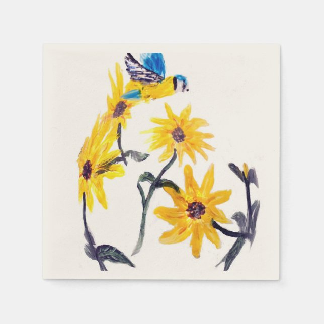 Servilleta De Papel Floral Bird Art Yellow Sunflowers (Anverso)
