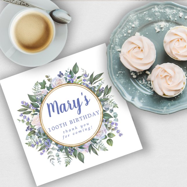 Servilleta De Papel Floral blanca azul 100 cumpleaños gracias (Subido por el creador)