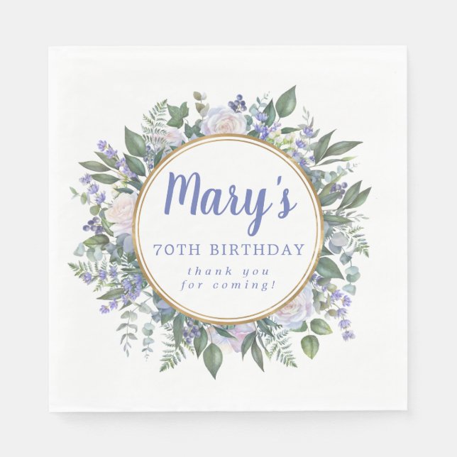 Servilleta De Papel Floral blanca azul 70 cumpleaños Gracias (Anverso)