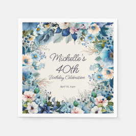 Servilleta De Papel Floral blanca azul turquesa 40 cumpleaños