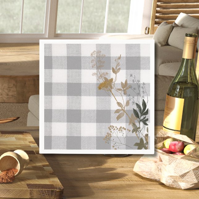 Servilleta De Papel Floral blanca gris Gingham Plaid Country Farmhouse (Subido por el creador)