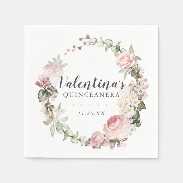 Servilleta De Papel Floral blanca rosa Quinceanera (Anverso)