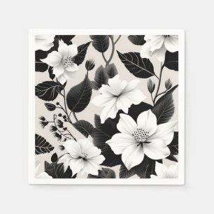 Servilleta De Papel Floral blanca y negra contemporánea
