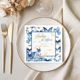 Servilleta De Papel Floral Blue Gold Butfly Baby in Bloom Shower