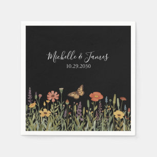 Servilleta De Papel Floral Boho Jardin Silvestre Boda Negro     