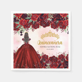 Servilleta De Papel Floral Burgundy Dorado Vestido Princesa Quinceaner