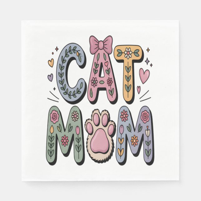 Servilleta De Papel Floral Cat Mom con Paw Print (Anverso)