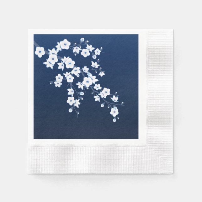 Servilleta De Papel Floral Cerezo Blossom Marina Azul Blanco (Anverso)