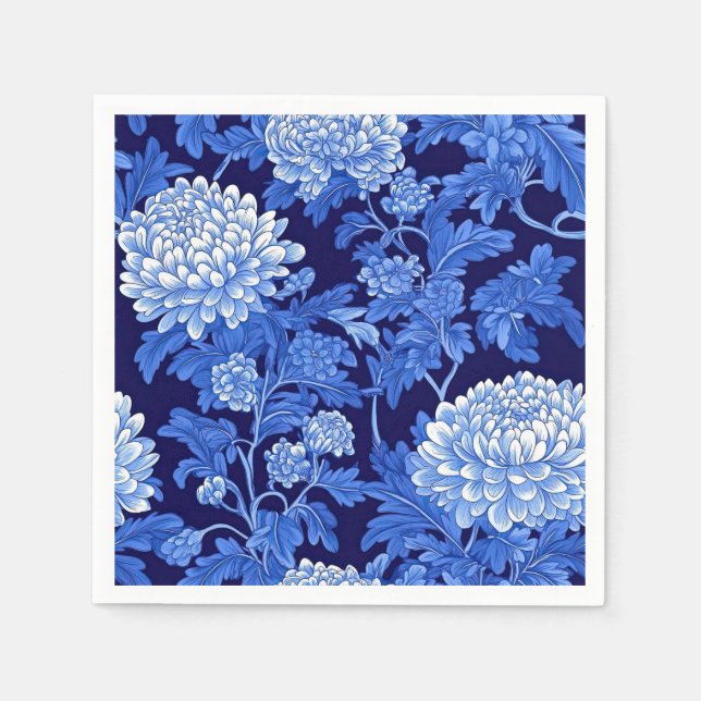 Servilleta De Papel Floral Chinoiserie azul sobre fondo negro (Anverso)