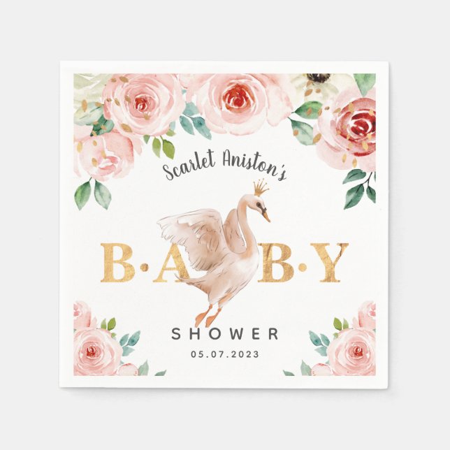 Servilleta De Papel Floral de cisne de Baby Shower (Anverso)