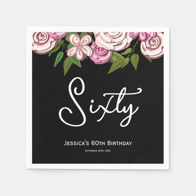 Servilleta De Papel Floral de cumpleaños 60 negro moderno (Anverso)