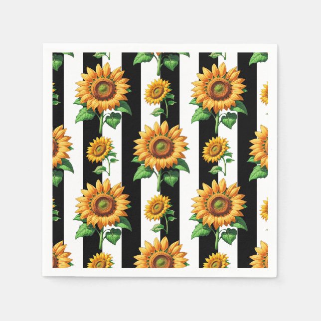 Servilleta De Papel Floral de girasol franjas blancas negras (Anverso)