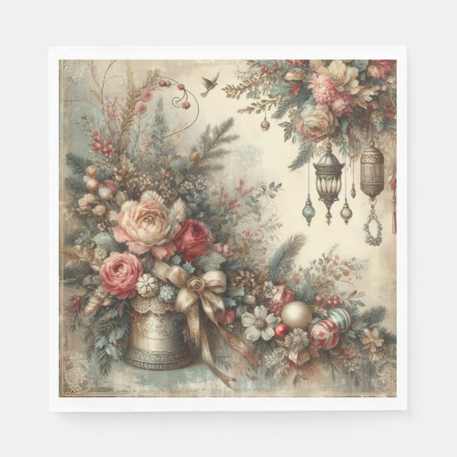 Servilleta de papel floral de Navidad vintage (Anverso)