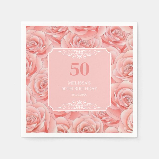 Servilleta De Papel Floral de rosas rosadas 50 cumpleaños (Anverso)