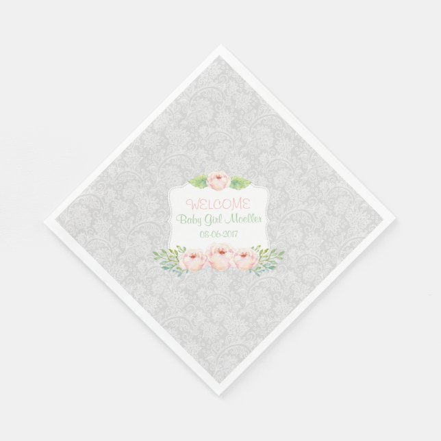 Servilleta De Papel Floral de Rubor gris Damask Napkin / ducha de bebé (Esquina)