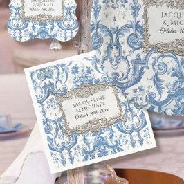 Servilleta De Papel Floral elegante azul vintage y plata blanca novia