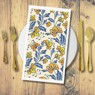 Servilleta De Papel Floral Folk Naranja Amarillo Antiguo Hoja Azul