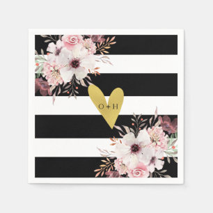 Servilleta De Papel Floral Gold Heart Black White Boda Papel Napkin