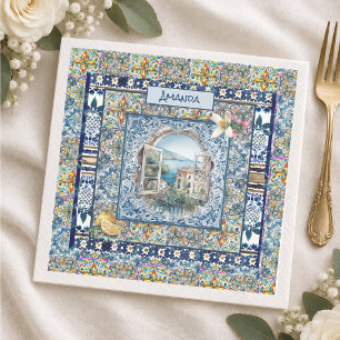 Servilleta De Papel floral italiano de verano baldosas azules cítrico