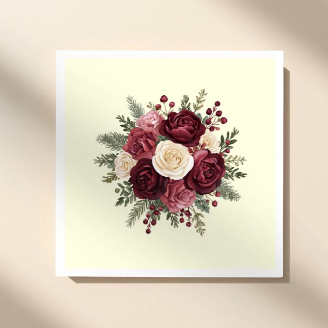 Servilleta de papel floral marfil y borgoña para b (burgundy floral napkin, wedding cocktail napkin, rustic wedding napkin, burgundy wedding decor, boho)