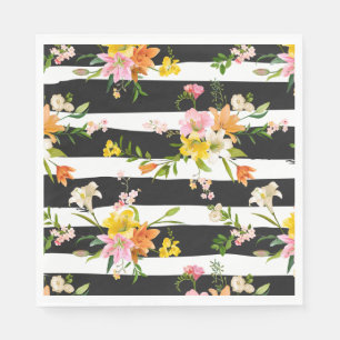 Servilleta De Papel Floral Negro y Blanco Rayas Flor de Lis Naranja
