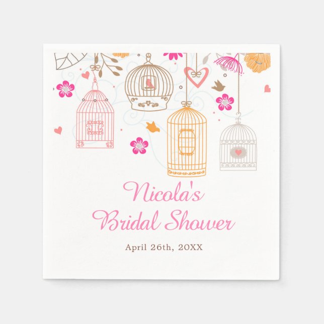 Servilleta De Papel Floral Orange & Pink Bird Cages Bridal Shower (Anverso)