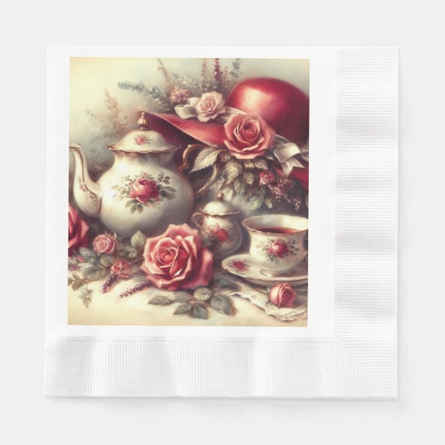 Servilleta de papel floral para fiesta de té rojo  (Anverso)