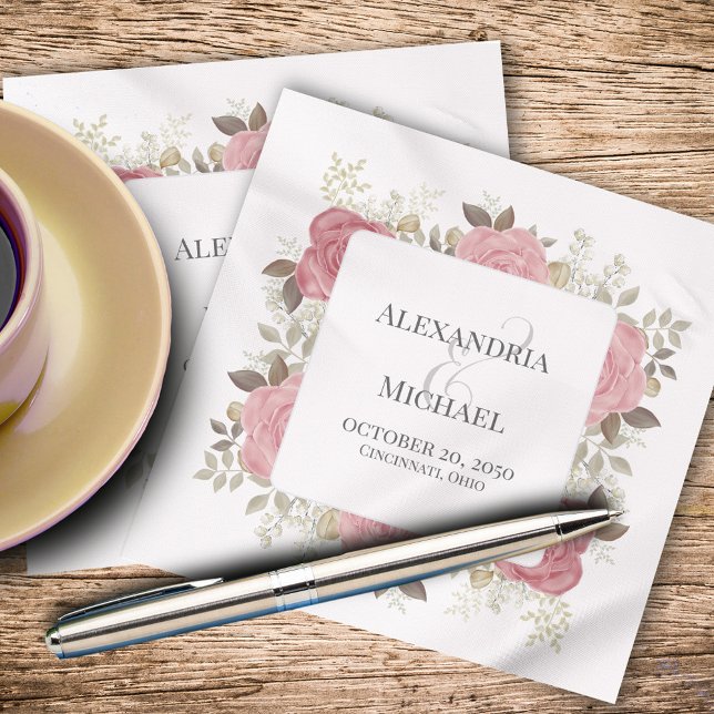 Servilleta De Papel Floral personalizada Boda rosa Rubor (Custom wedding napkin with elegant blush pink roses and foliage. )