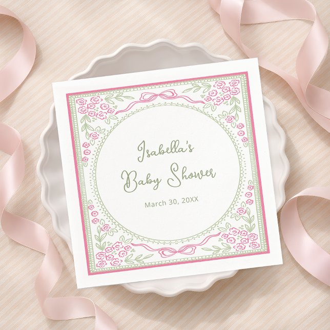 Servilleta De Papel Floral Pink and Green Baby Shower Paper Napkin (Subido por el creador)