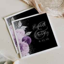 Servilleta De Papel Floral Purple Silver Purpurina Script Boda negro