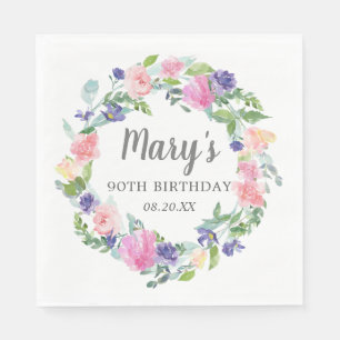 Servilleta De Papel Floral púrpura rosa azul 90 cumpleaños