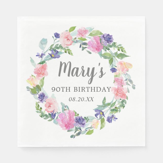 Servilleta De Papel Floral púrpura rosa azul 90 cumpleaños (Anverso)