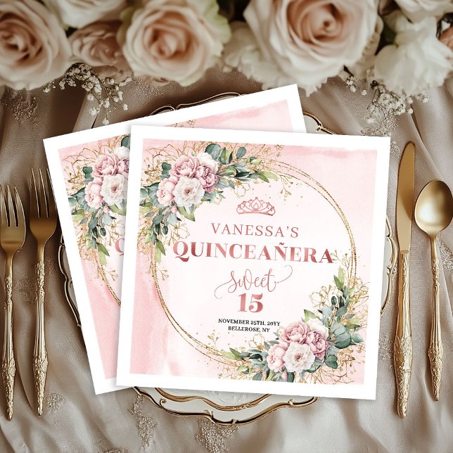 Servilleta De Papel Floral Quinceañera Napkins in Dusty Pink and Gold (Floral Quinceañera Napkins in Dusty Pink and Gold)