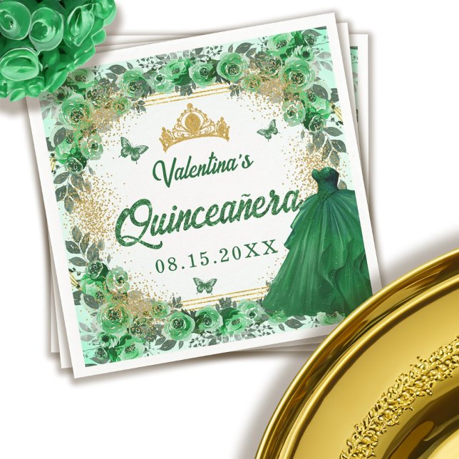 Servilleta De Papel Floral Quinceanera, Purpurina de oro verde esmeral (Emerald Green Gold Glitter Floral Quinceanera Napkins)