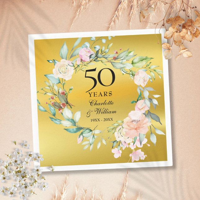 Servilleta De Papel Floral Relieve metalizado dorado Garland 50° anive (Floral Garland Gold Foil 50th Wedding Anniversary Napkins)