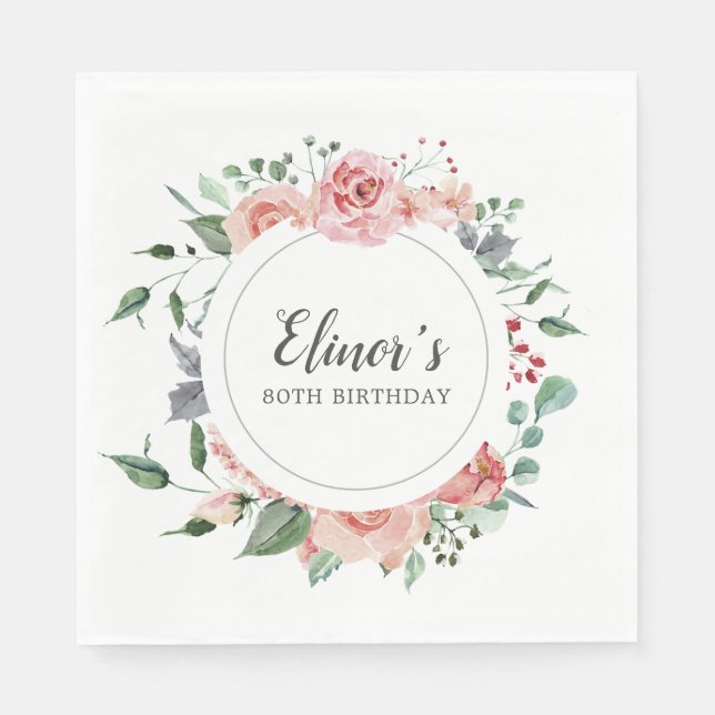 Servilleta De Papel Floral rosa 80 cumpleaños gracias (Anverso)