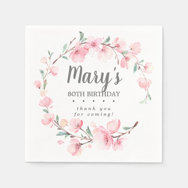 Servilleta De Papel Floral rosa 80 cumpleaños gracias (Anverso)