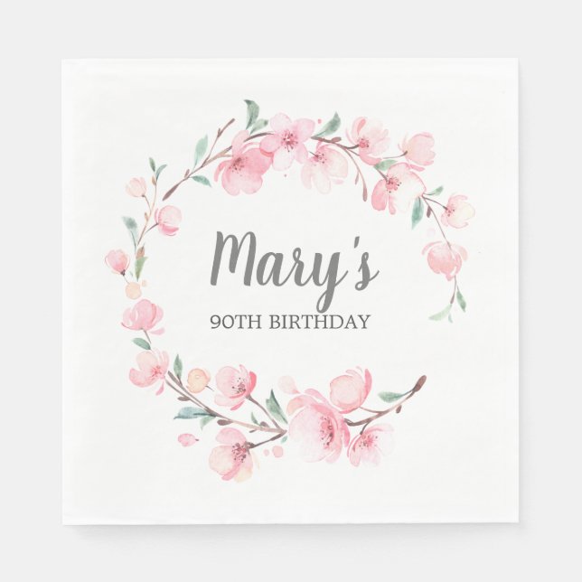 Servilleta De Papel Floral rosa 90 cumpleaños (Anverso)