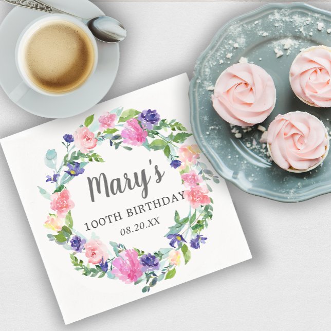 Servilleta De Papel Floral rosa azul morado 100 cumpleaños (Subido por el creador)
