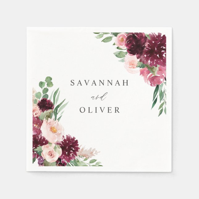 Servilleta De Papel Floral rosa y borgoñona 7 Napkins de nombres (Anverso)