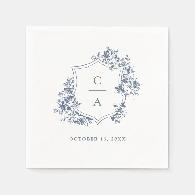 Servilleta De Papel Floral Rosas franceses Boda Escudo Dusty Blue (Anverso)