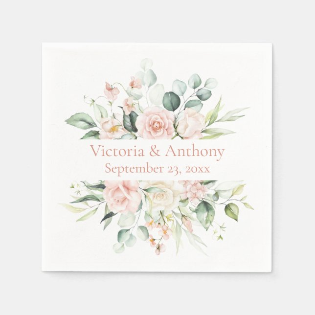 Servilleta De Papel Floral Rubor Elegant Nombre Boda Napkins (Anverso)