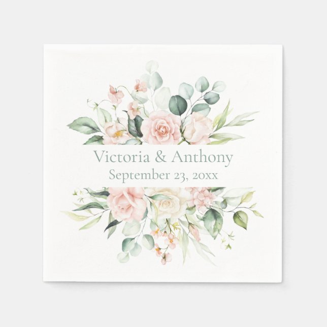 Servilleta De Papel Floral Rubor Elegant Nombre Boda Napkins (Anverso)