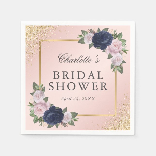 Servilleta De Papel Floral Rubor Pink Gold Navy Blue Bridal Shower (Anverso)