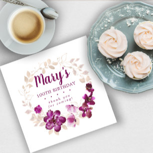 Servilleta De Papel Floral rustica morada rosa 100 cumpleaños gracias