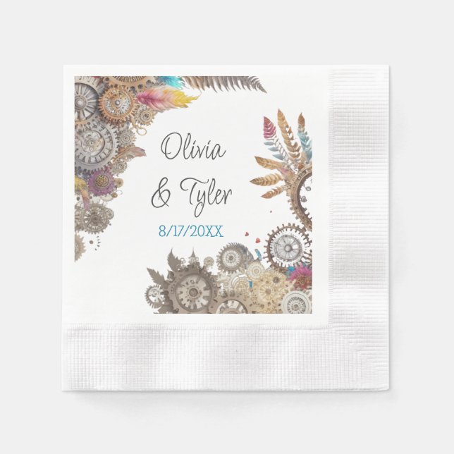 Servilleta De Papel Floral Steampunk Boda Fecha y nombres (Anverso)