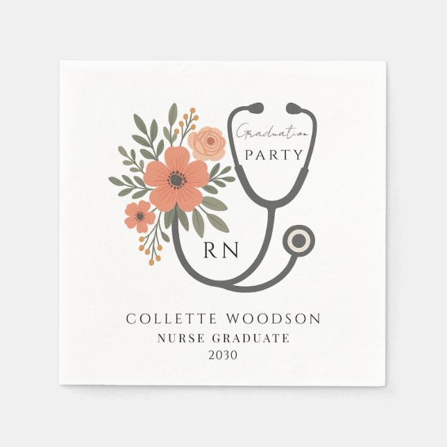 Servilleta De Papel Floral Stethoscope Nurse Graduation Party (Anverso)