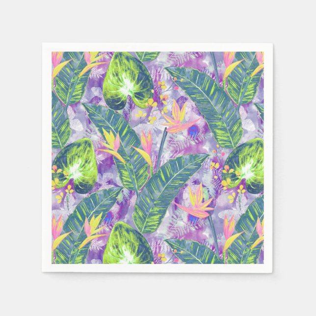 Servilleta De Papel Floral tropical, botánica, lila, verde, rosa, fl (Anverso)