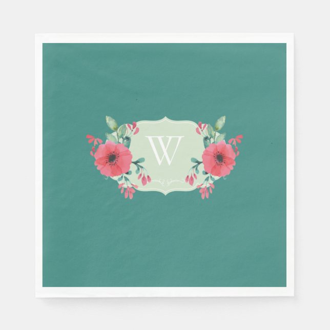 Servilleta de papel floral turquesa con monograma  (Anverso)